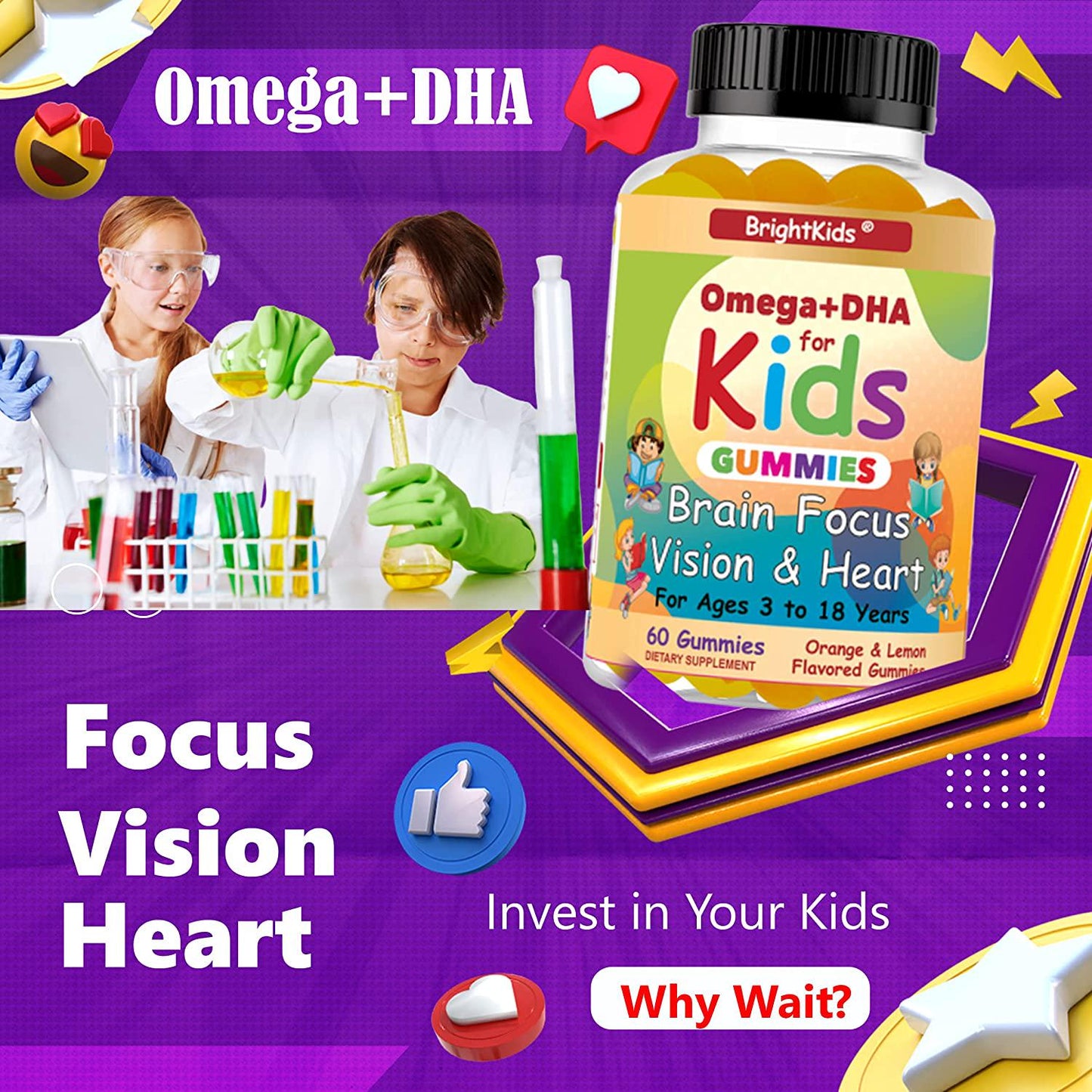 BrightKids Complete Omega+DHA Gummies for Kids | Omega 3 6 9 + DHA, Vitamin C | Brain Focus, Vision and Heart Health Formula | Gluten Free, Vegetarian and Non-GMO | 60 Gummies Made in USA