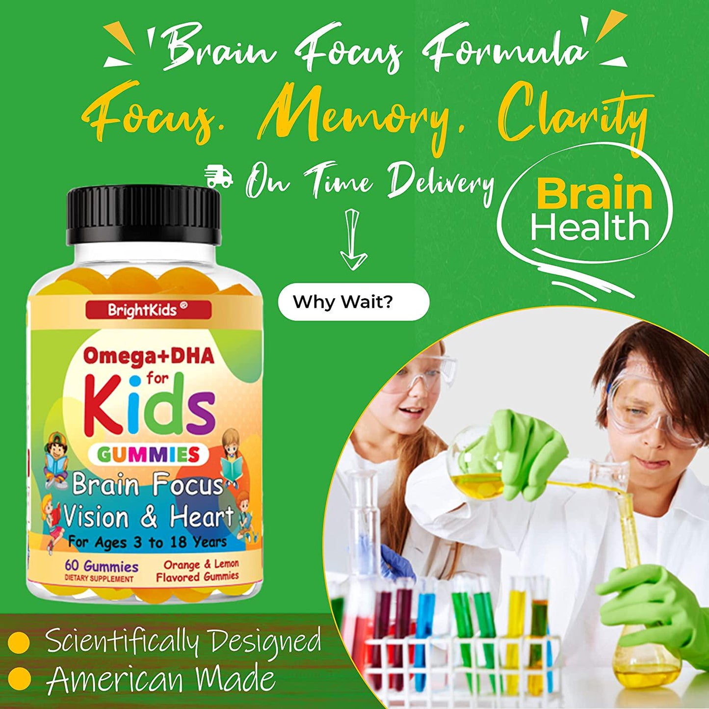 BrightKids Complete Omega+DHA Gummies for Kids | Omega 3 6 9 + DHA, Vitamin C | Brain Focus, Vision and Heart Health Formula | Gluten Free, Vegetarian and Non-GMO | 60 Gummies Made in USA
