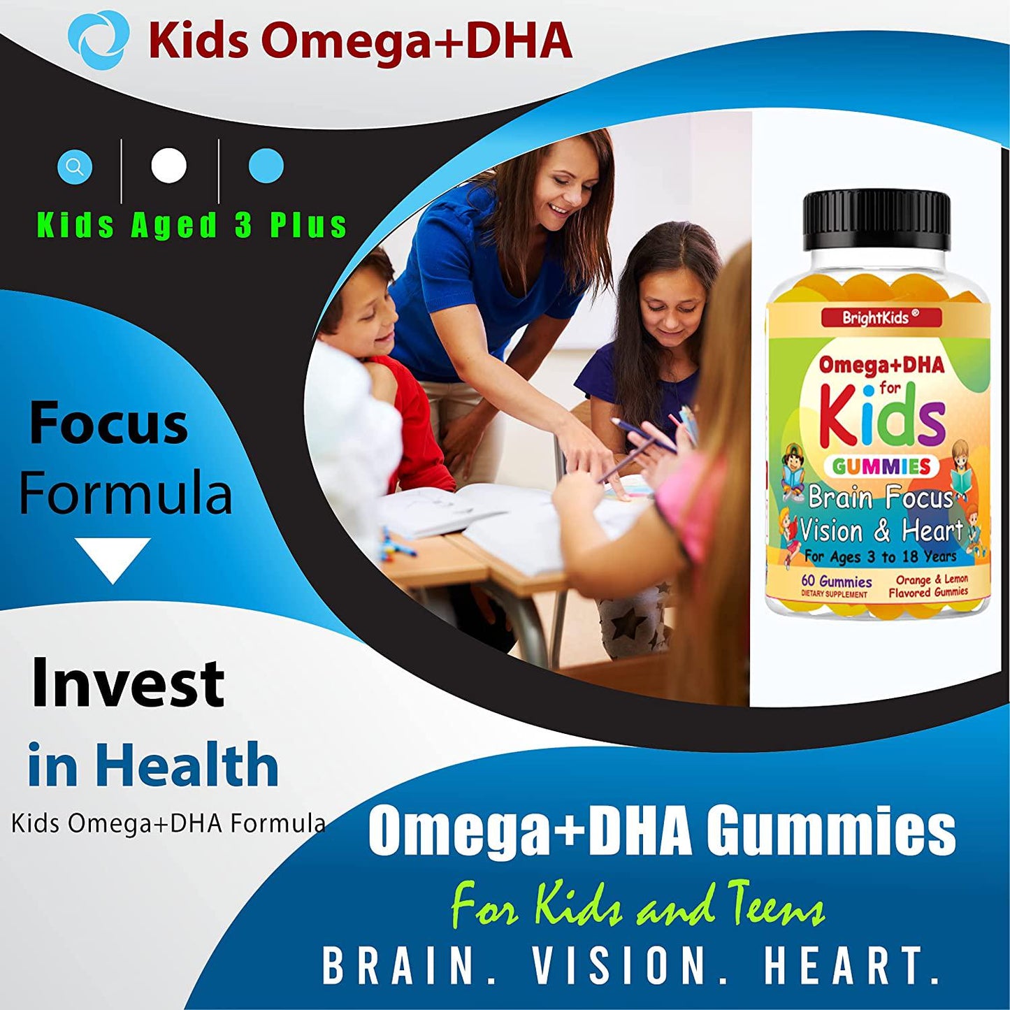 BrightKids Complete Omega+DHA Gummies for Kids | Omega 3 6 9 + DHA, Vitamin C | Brain Focus, Vision and Heart Health Formula | Gluten Free, Vegetarian and Non-GMO | 60 Gummies Made in USA