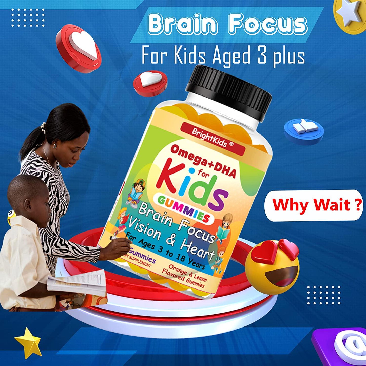 BrightKids Complete Omega+DHA Gummies for Kids | Omega 3 6 9 + DHA, Vitamin C | Brain Focus, Vision and Heart Health Formula | Gluten Free, Vegetarian and Non-GMO | 60 Gummies Made in USA