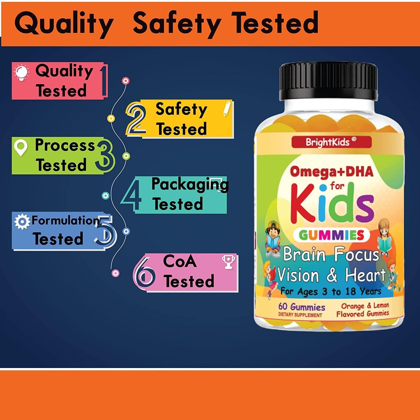 BrightKids Complete Omega+DHA Gummies for Kids | Omega 3 6 9 + DHA, Vitamin C | Brain Focus, Vision and Heart Health Formula | Gluten Free, Vegetarian and Non-GMO | 60 Gummies Made in USA