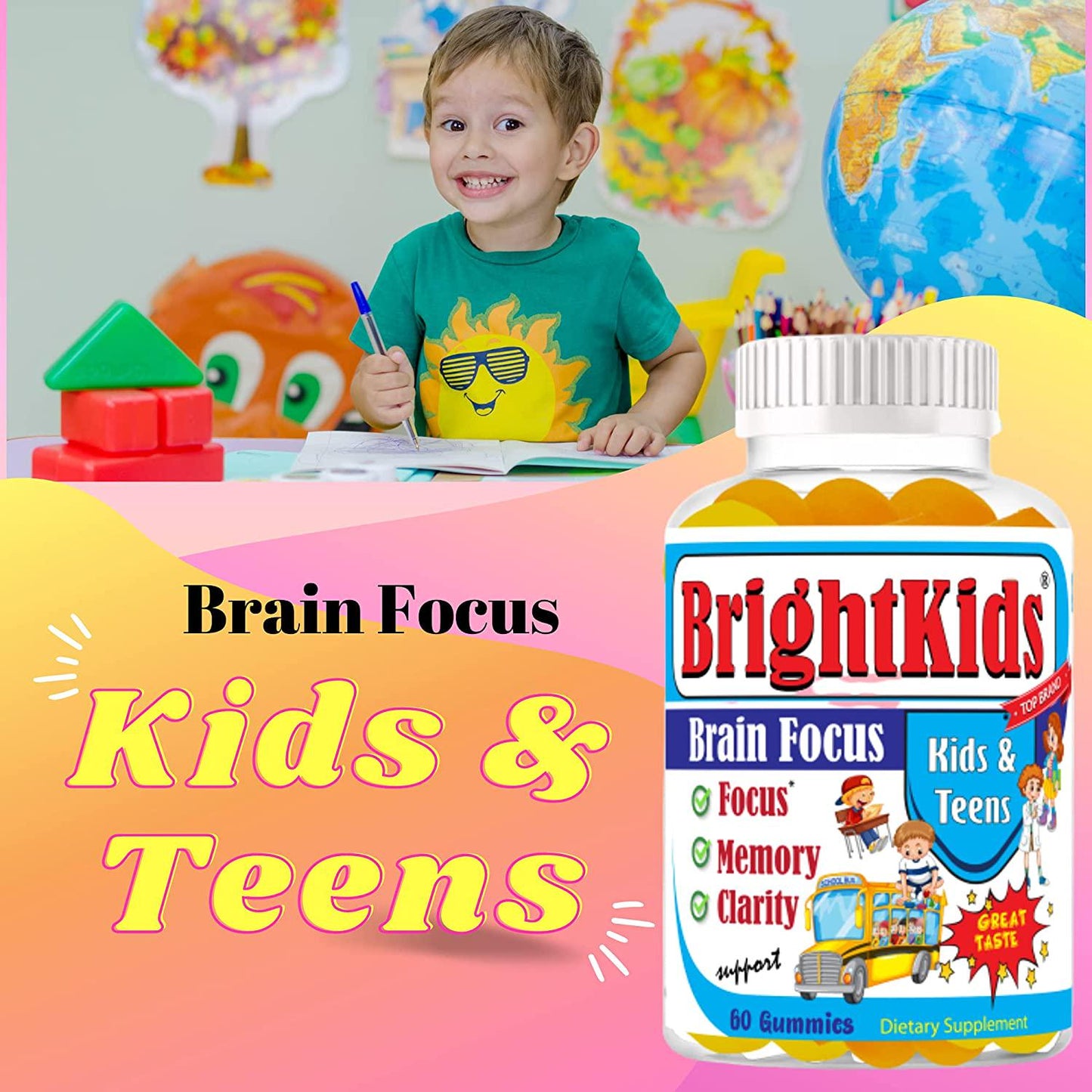 Bright Kids Focus Formula 60 Gummies Focus Attention Booster for Kids Memory Brain MultiVitamin Omega DHA Gummy Chewables Natural Brain Supplements