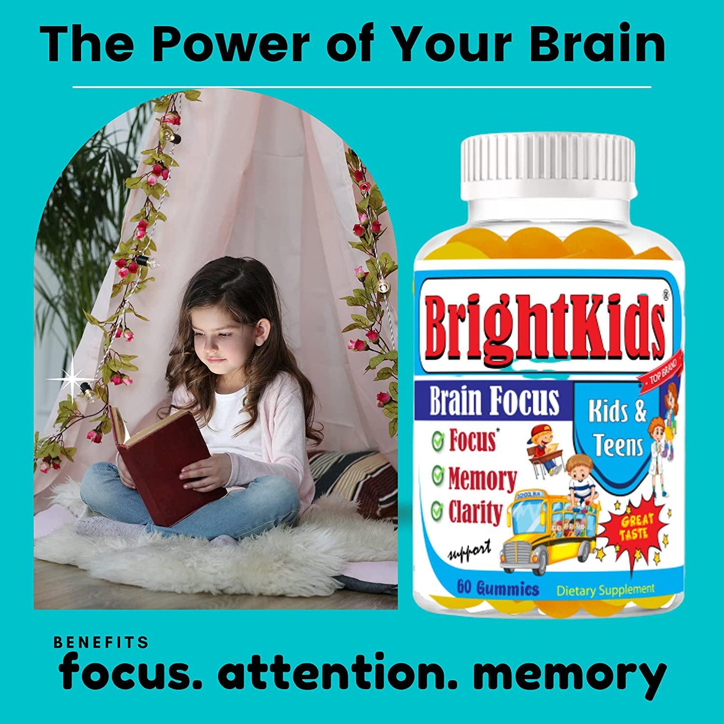 Bright Kids Focus Formula 60 Gummies Focus Attention Booster for Kids Memory Brain MultiVitamin Omega DHA Gummy Chewables Natural Brain Supplements