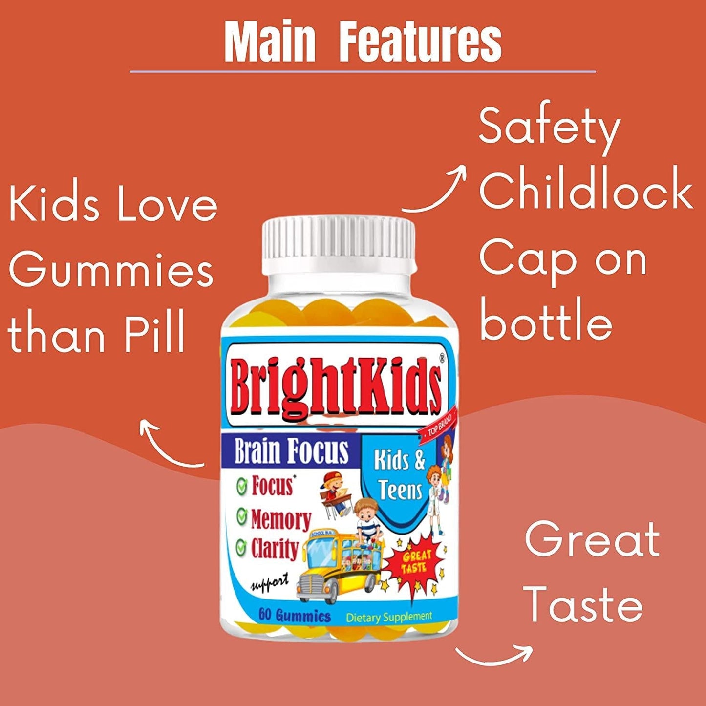Bright Kids Focus Formula 60 Gummies Focus Attention Booster for Kids Memory Brain MultiVitamin Omega DHA Gummy Chewables Natural Brain Supplements