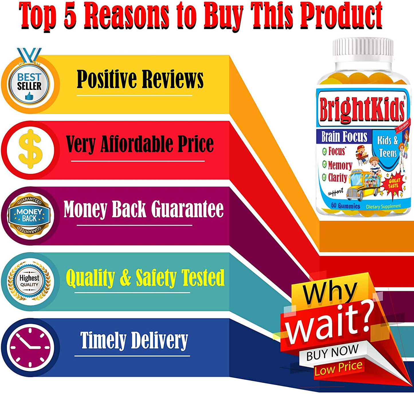 Bright Kids Focus Formula 60 Gummies Focus Attention Booster for Kids Memory Brain MultiVitamin Omega DHA Gummy Chewables Natural Brain Supplements