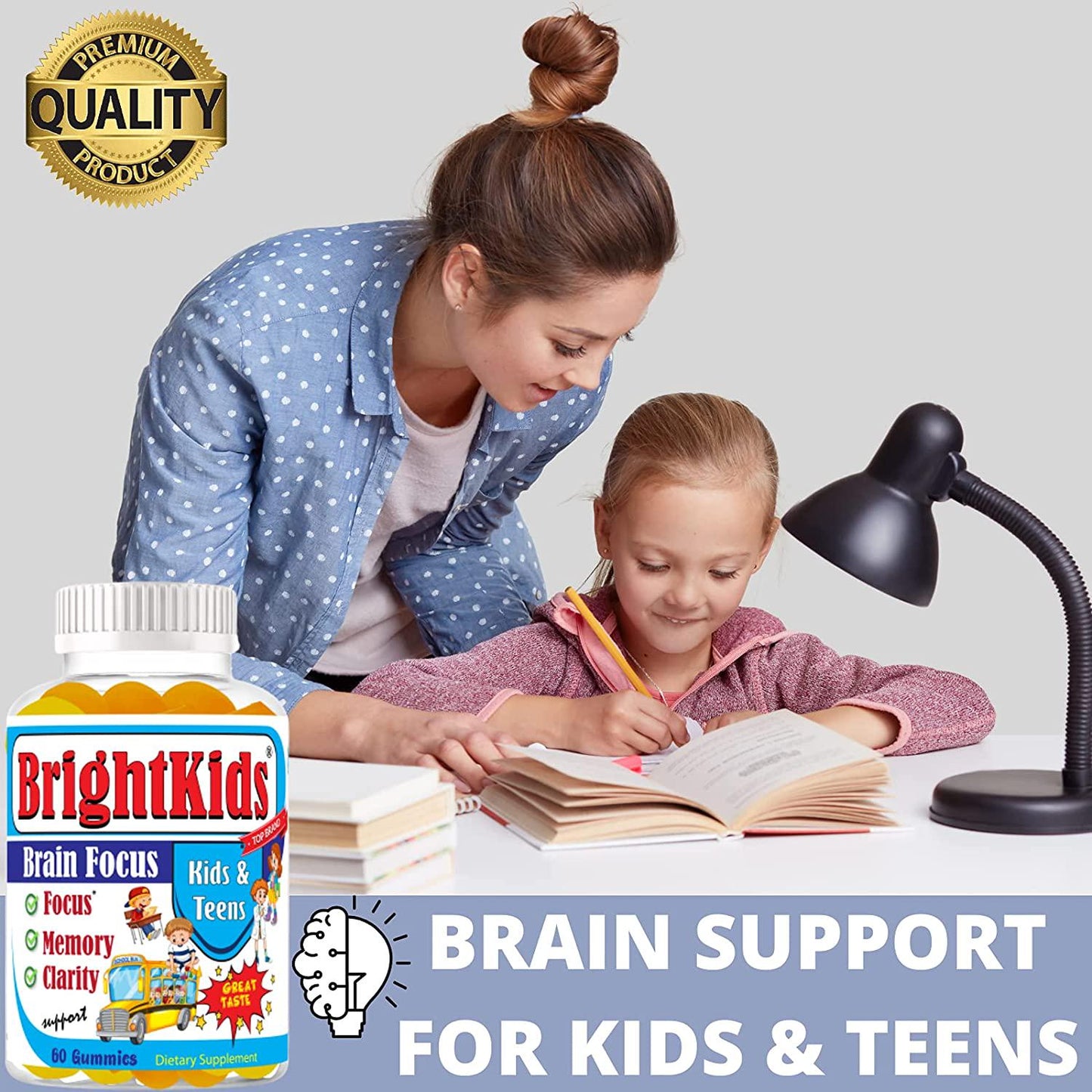 Bright Kids Focus Formula 60 Gummies Focus Attention Booster for Kids Memory Brain MultiVitamin Omega DHA Gummy Chewables Natural Brain Supplements