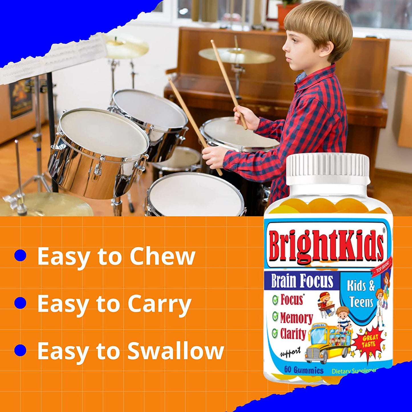 Bright Kids Focus Formula 60 Gummies Focus Attention Booster for Kids Memory Brain MultiVitamin Omega DHA Gummy Chewables Natural Brain Supplements