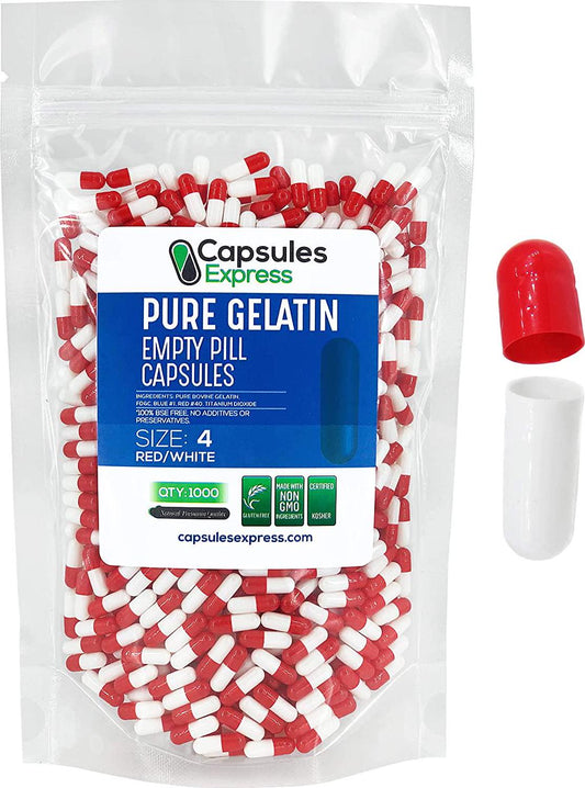 Bright Red and White Size 4 Empty Gelatin Gelcaps Capsules - Kosher Certified by Capsules Express (1000)