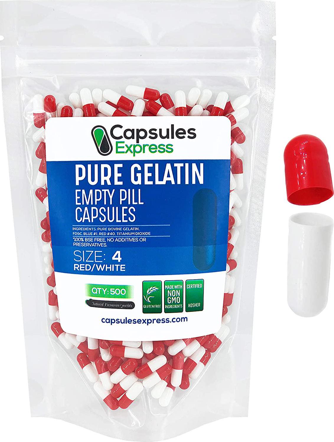 Bright Red and White Size 4 Empty Gelatin Gelcaps Capsules - Kosher Certified by Capsules Express (500)