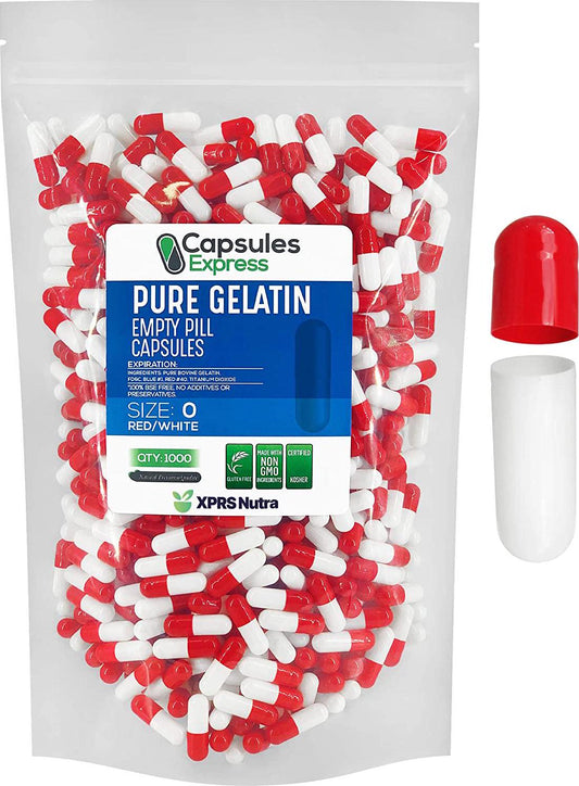 Bright Red and White Size 0 Empty Gelatin Gelcaps Capsules - Halal and Kosher Certified by Capsules Express (1000)