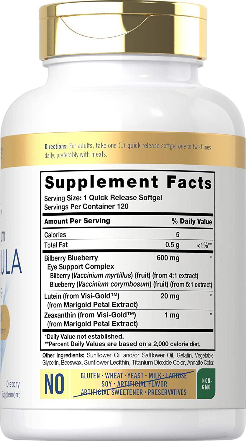 Broad Spectrum Eye Health Vitamins | 120 Softgels | with Lutein 20mg, Zeaxanthin, Bilberry and Blueberry | Non-GMO, Gluten Free Supplement | by Carlyle
