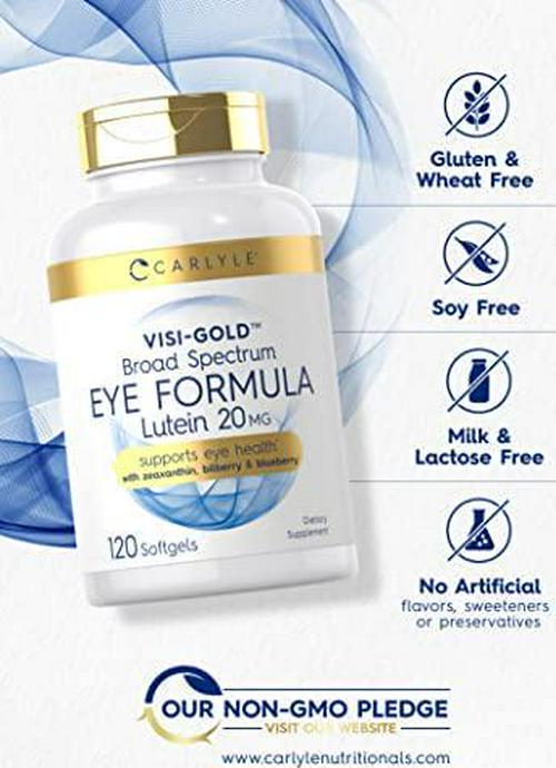 Broad Spectrum Eye Health Vitamins | 120 Softgels | with Lutein 20mg, Zeaxanthin, Bilberry and Blueberry | Non-GMO, Gluten Free Supplement | by Carlyle