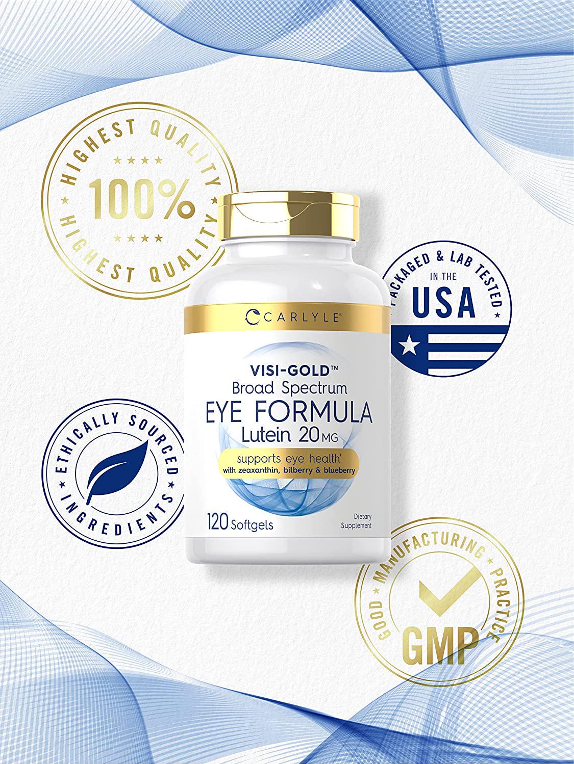 Broad Spectrum Eye Health Vitamins | 120 Softgels | with Lutein 20mg, Zeaxanthin, Bilberry and Blueberry | Non-GMO, Gluten Free Supplement | by Carlyle