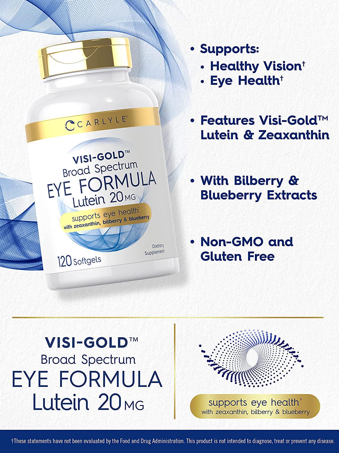 Broad Spectrum Eye Health Vitamins | 120 Softgels | with Lutein 20mg, Zeaxanthin, Bilberry and Blueberry | Non-GMO, Gluten Free Supplement | by Carlyle