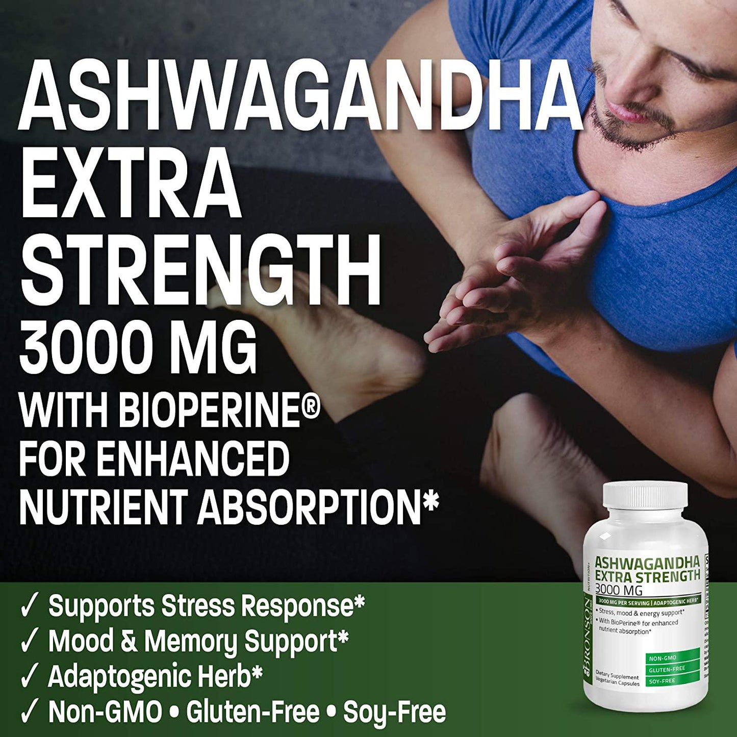 Bronson Ashwagandha Extra Strength 3000 mg per Serving, Stress and Mood Support with BioPerine - Non GMO, 120 Vegetarian Capsules