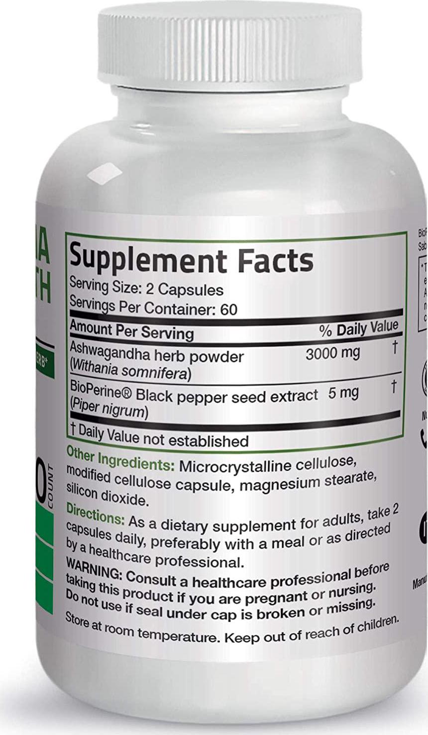 Bronson Ashwagandha Extra Strength 3000 mg per Serving, Stress and Mood Support with BioPerine - Non GMO, 120 Vegetarian Capsules
