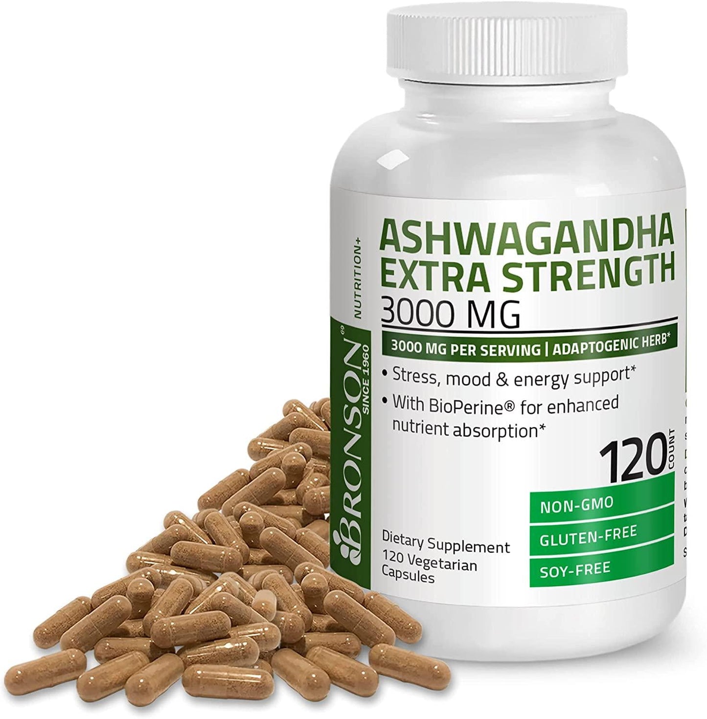 Bronson Ashwagandha Extra Strength 3000 mg per Serving, Stress and Mood Support with BioPerine - Non GMO, 120 Vegetarian Capsules