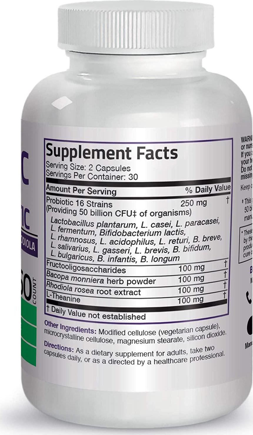 Bronson Brain + Mood Probiotic 50 Billion CFU Plus Prebiotic with L-Theanine, Bacopa and Rhodiola Non-GMO, 60 Vegetarian Capsules
