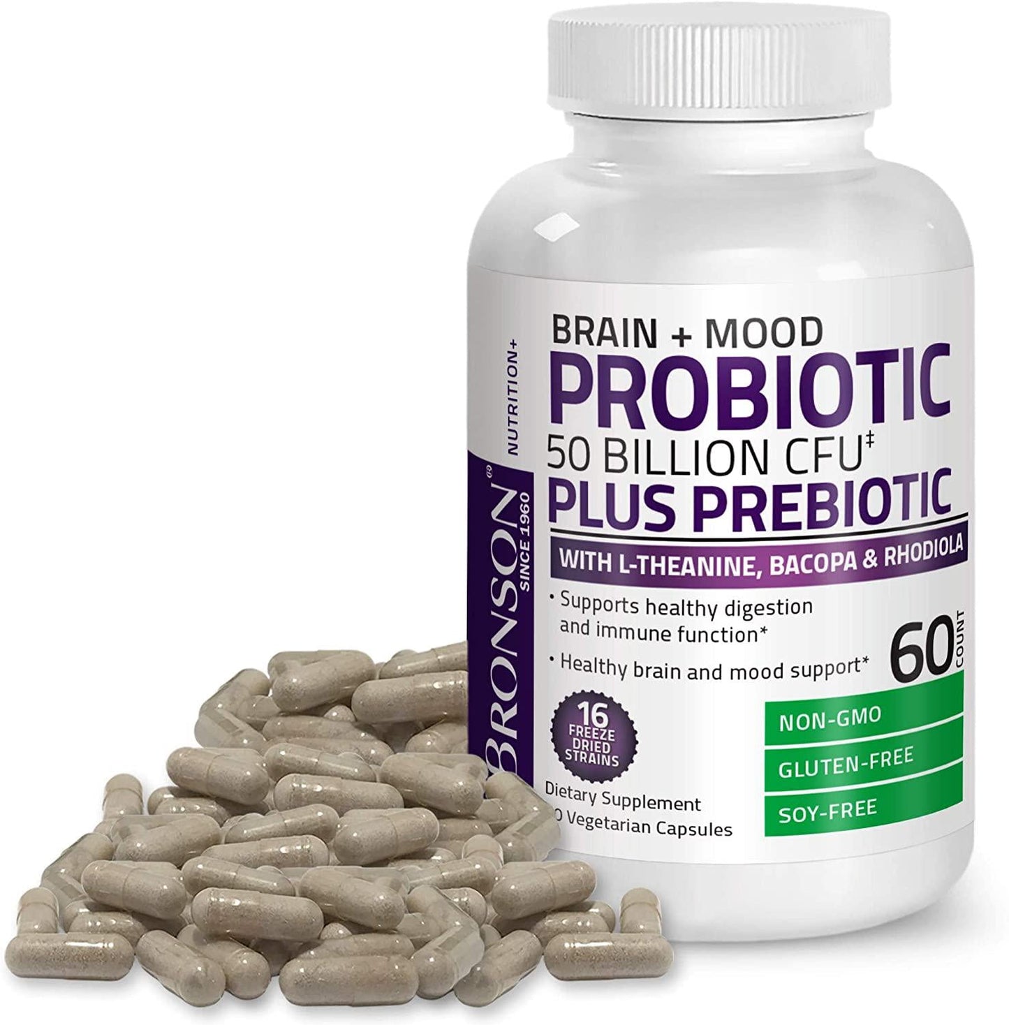 Bronson Brain + Mood Probiotic 50 Billion CFU Plus Prebiotic with L-Theanine, Bacopa and Rhodiola Non-GMO, 60 Vegetarian Capsules