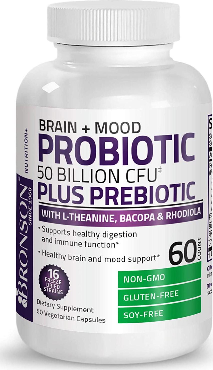 Bronson Brain + Mood Probiotic 50 Billion CFU Plus Prebiotic with L-Theanine, Bacopa and Rhodiola Non-GMO, 60 Vegetarian Capsules