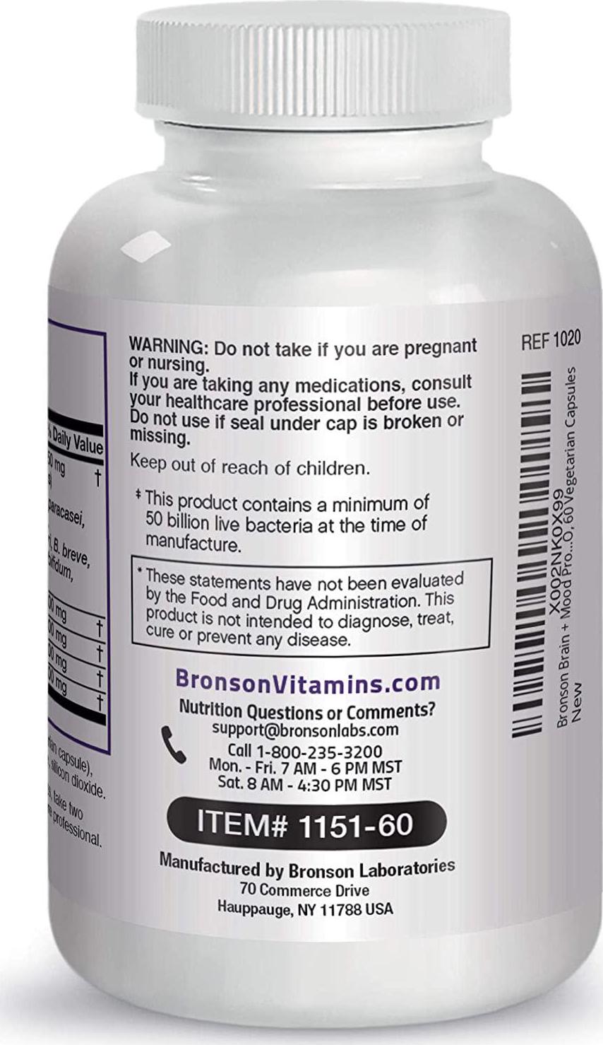 Bronson Brain + Mood Probiotic 50 Billion CFU Plus Prebiotic with L-Theanine, Bacopa and Rhodiola Non-GMO, 60 Vegetarian Capsules