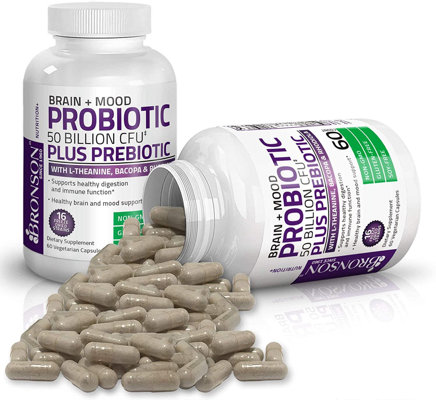 Bronson Brain + Mood Probiotic 50 Billion CFU Plus Prebiotic with L-Theanine, Bacopa and Rhodiola Non-GMO, 60 Vegetarian Capsules