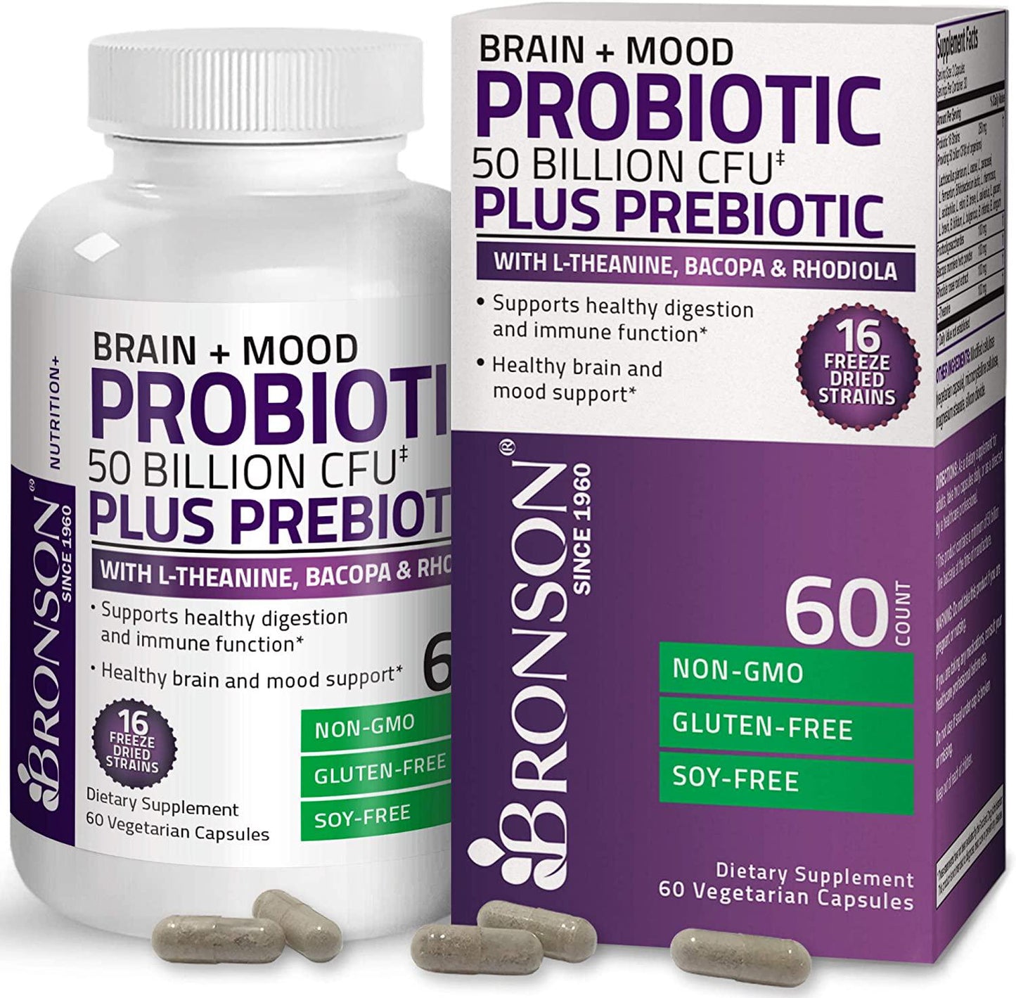 Bronson Brain + Mood Probiotic 50 Billion CFU Plus Prebiotic with L-Theanine, Bacopa and Rhodiola Non-GMO, 60 Vegetarian Capsules