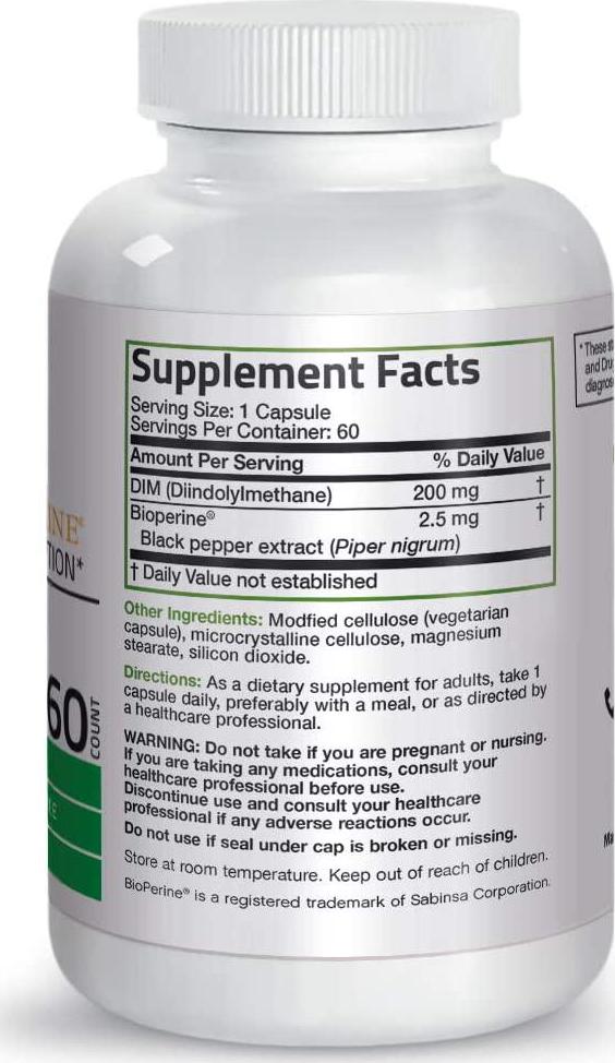 Bronson DIM 200 mg with BioPerine for Enhanced Absorption - Diindolymethane - Estrogen Metabolism and Maintains Balanced Hormone Levels, 60 Vegetarian Capsules