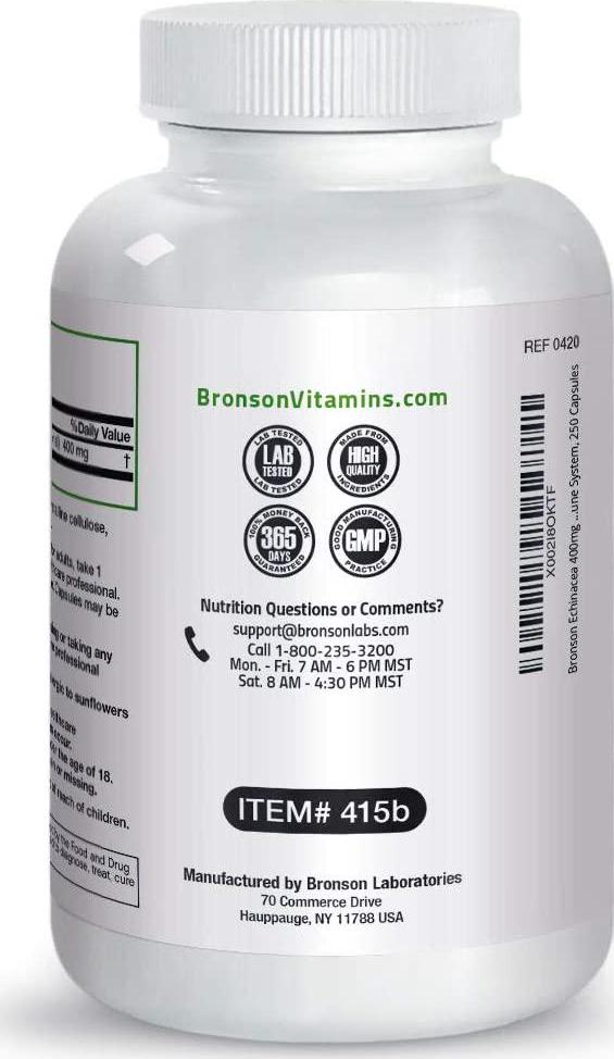 Bronson Echinacea 400mg Herbal Support - Supports Healthy Well Being and Immune System, 250 Capsules
