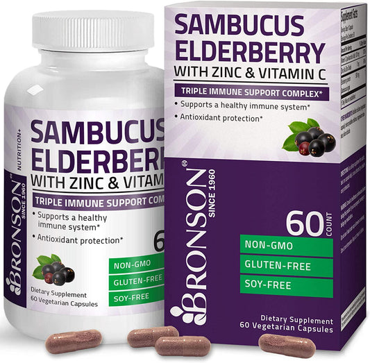 Bronson Sambucus Elderberry with Zinc and Vitamin C Triple Immune Support Complex Immune and Antioxidant Protection, Non-GMO, 60 Vegetarian Capsules
