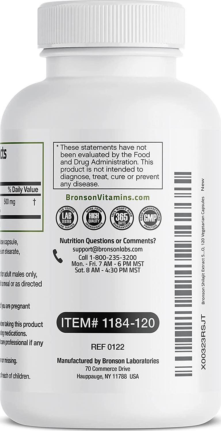 Bronson Shilajit Extract 500 MG Per Serving, Supports Energy Production and Vitality, Standardized to 20% Total Acids, Non-GMO, 120 Vegetarian Capsules