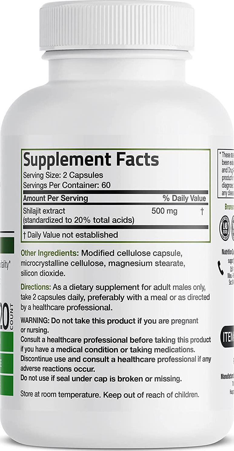 Bronson Shilajit Extract 500 MG Per Serving, Supports Energy Production and Vitality, Standardized to 20% Total Acids, Non-GMO, 120 Vegetarian Capsules