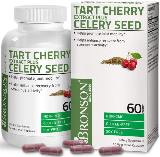 Bronson Tart Cherry Extract + Celery Seed Capsules - Powerful Uric Acid Cleanse, Joint Mobility Support and Muscle Recovery Supplement - GMO Free, Gluten Free and Soy Free Formula - 60 Vegetarian Capsules