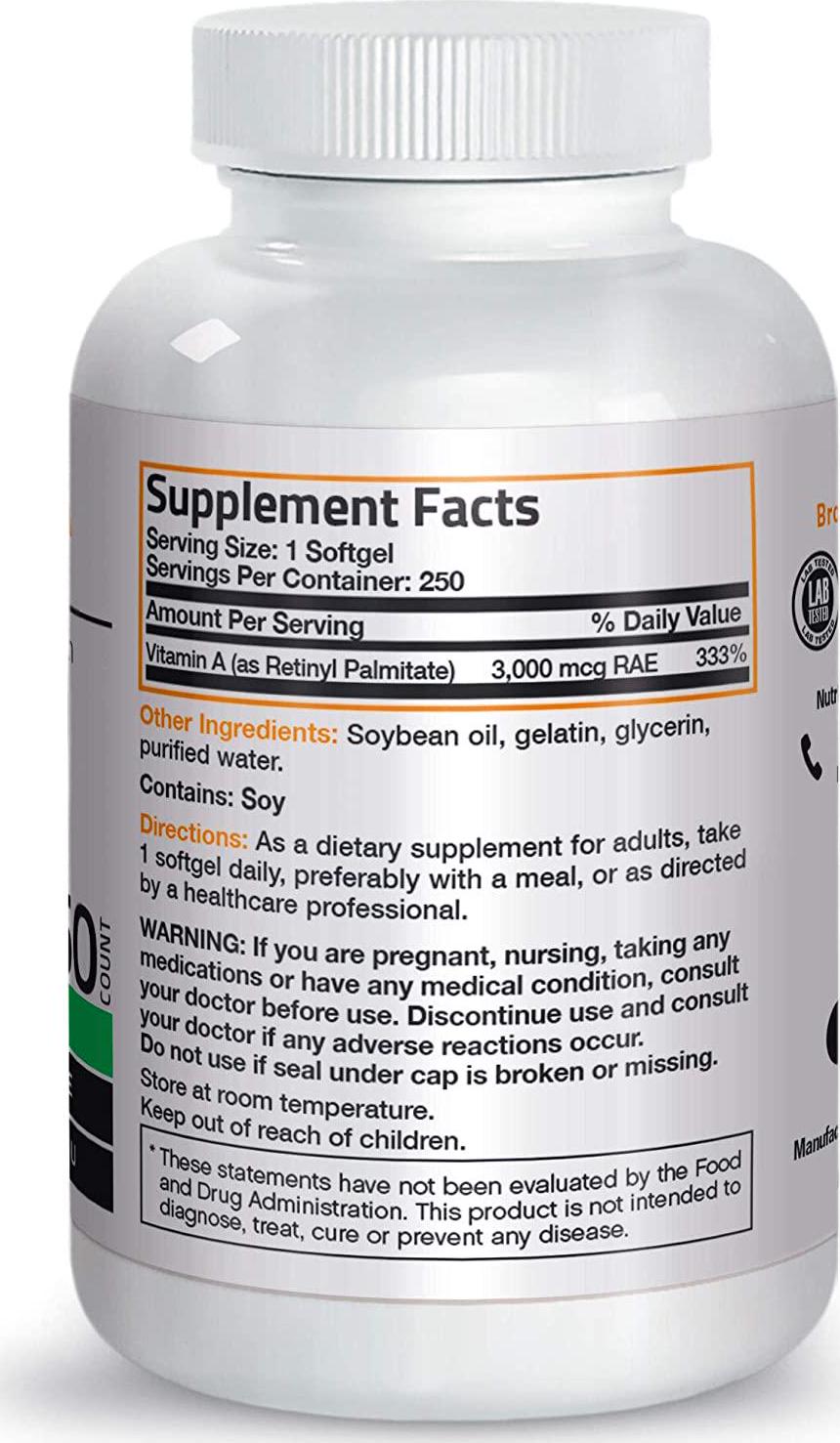 Bronson Vitamin A 10,000 IU Premium Non-GMO Formula Supports Healthy Vision and Immune System and Healthy Growth and Reproduction, 250 Softgels