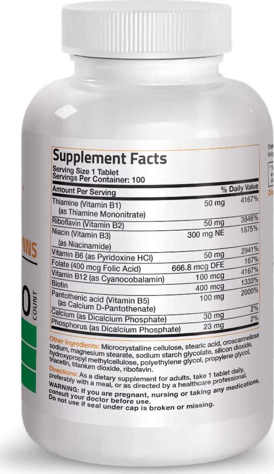 Bronson Vitamin B Complex (Vitamin B1, B2, B3, B6, B9 - Folic Acid, B12), 100 Tablets