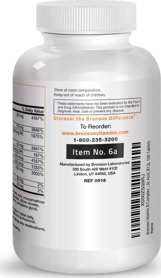 Bronson Vitamin B Complex (Vitamin B1, B2, B3, B6, B9 - Folic Acid, B12), 100 Tablets