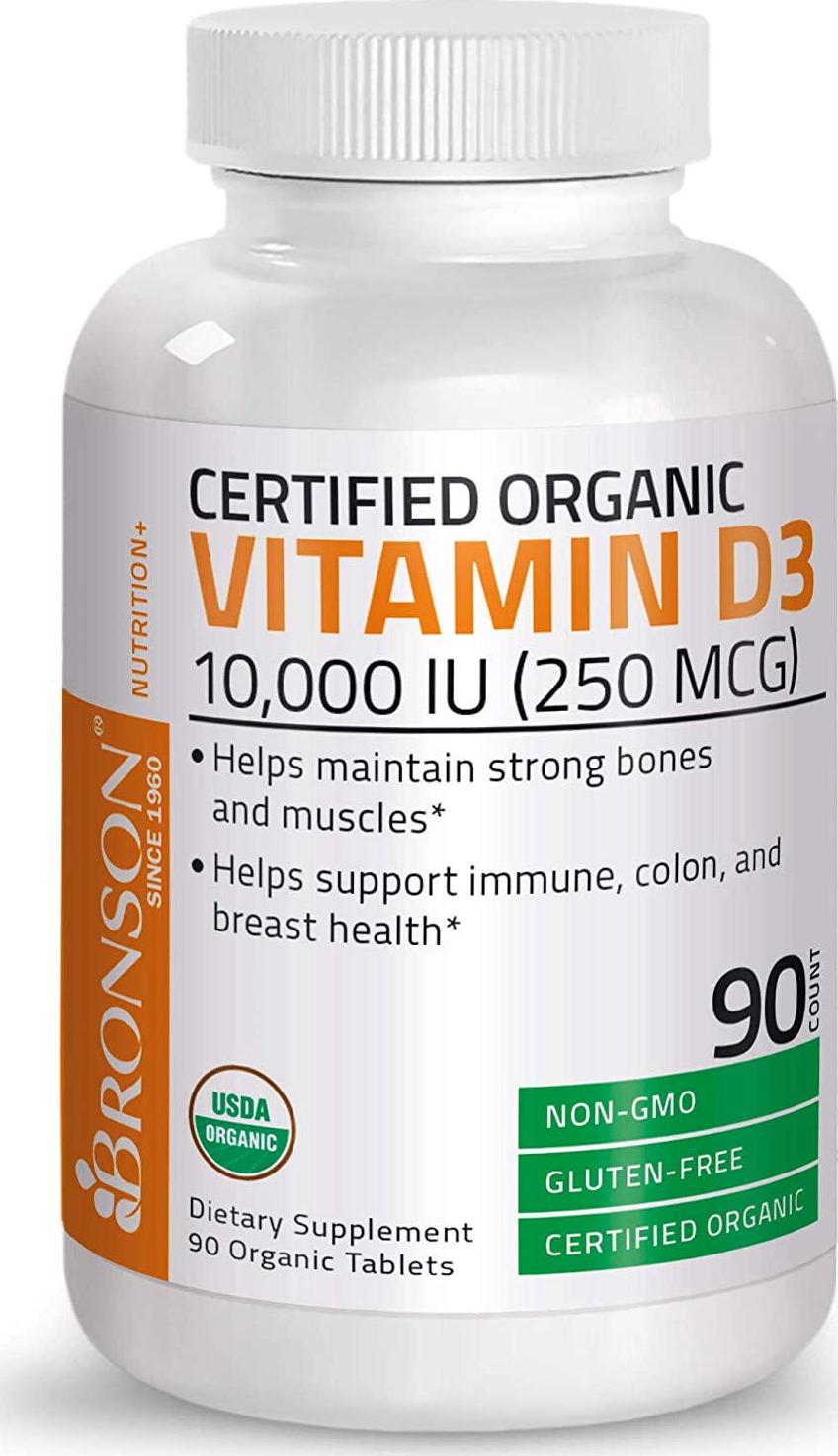 Bronson Vitamin D3 10,000 IU for Immune Support, Healthy Muscle Function and Bone Health, High Potency Organic Non-GMO Vitamin D Supplement, 90 Tablets