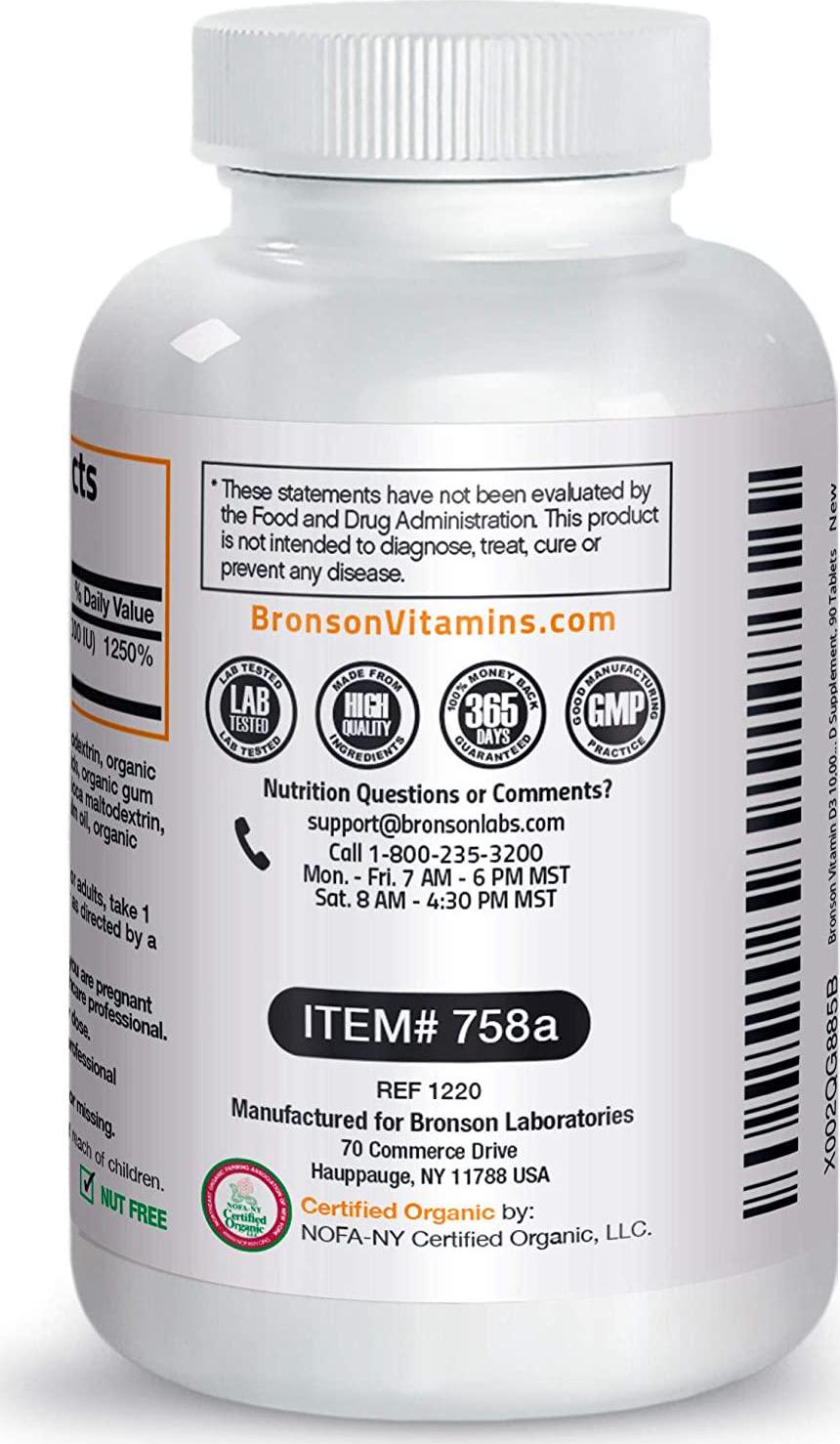 Bronson Vitamin D3 10,000 IU for Immune Support, Healthy Muscle Function and Bone Health, High Potency Organic Non-GMO Vitamin D Supplement, 90 Tablets
