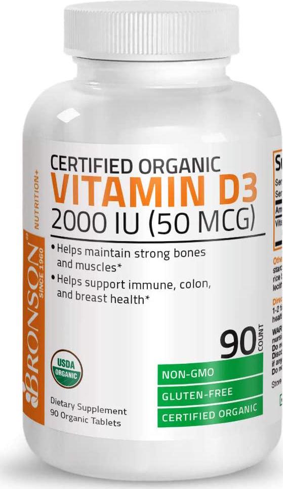 Bronson Vitamin D3 2000 IU Certified Organic Vitamin D, Non-GMO, USDA Certified, 90 Tablets