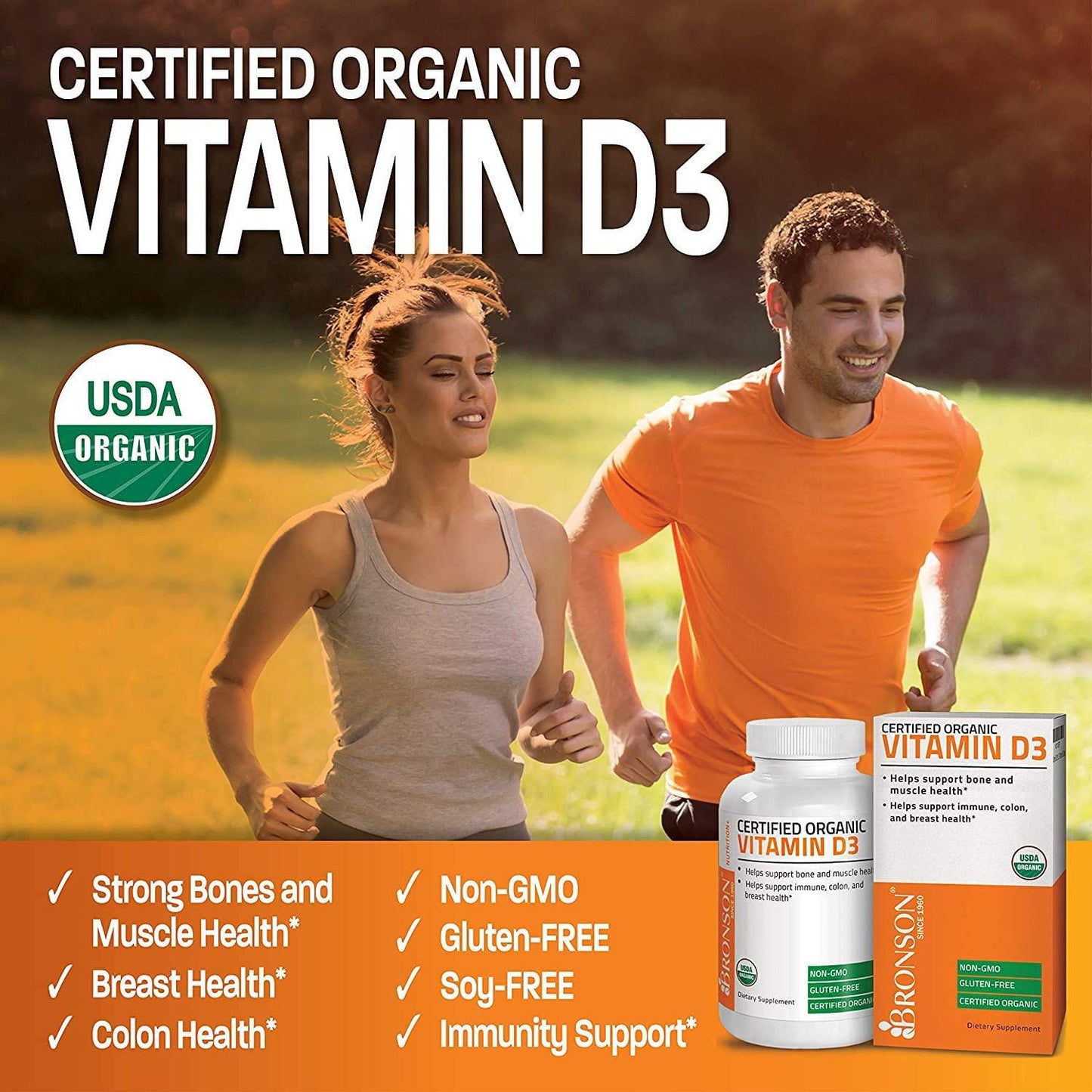 Bronson Vitamin D3 2000 IU Certified Organic Vitamin D, Non-GMO, USDA Certified, 90 Tablets