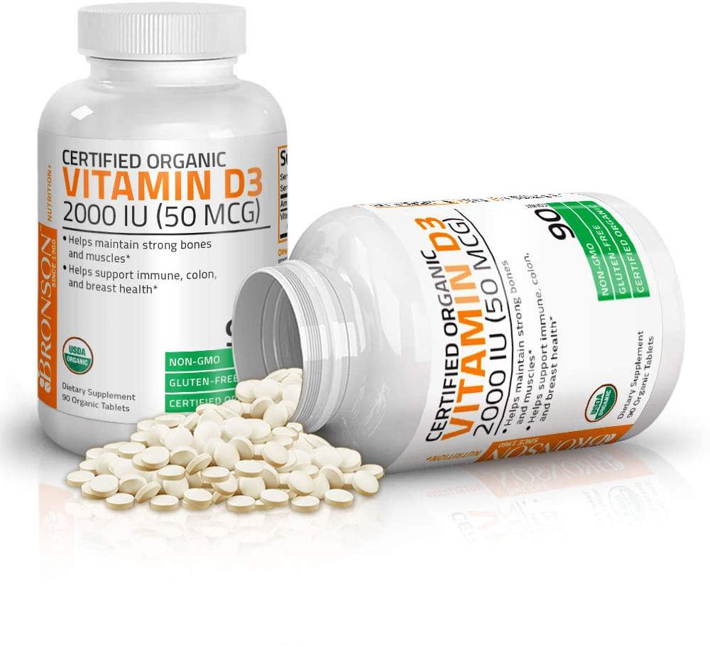 Bronson Vitamin D3 2000 IU Certified Organic Vitamin D, Non-GMO, USDA Certified, 90 Tablets