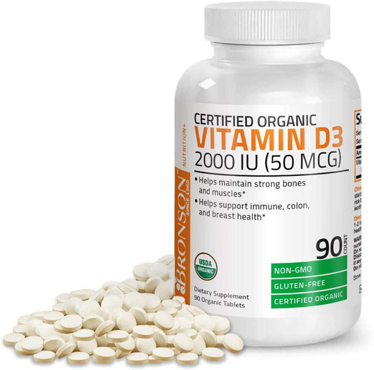 Bronson Vitamin D3 2000 IU Certified Organic Vitamin D, Non-GMO, USDA Certified, 90 Tablets