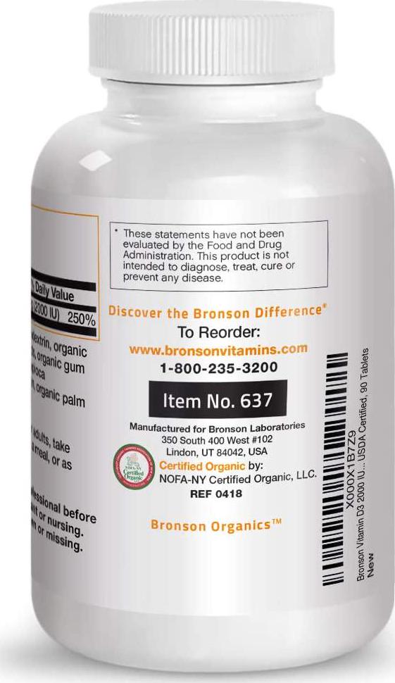 Bronson Vitamin D3 2000 IU Certified Organic Vitamin D, Non-GMO, USDA Certified, 90 Tablets