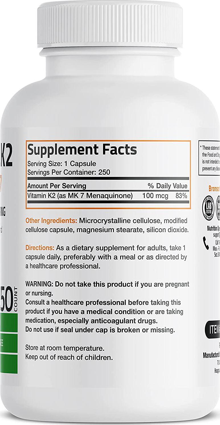 Bronson Vitamin K2 as MK-7 Menaquinone 100 mcg Non-GMO, 250 Capsules