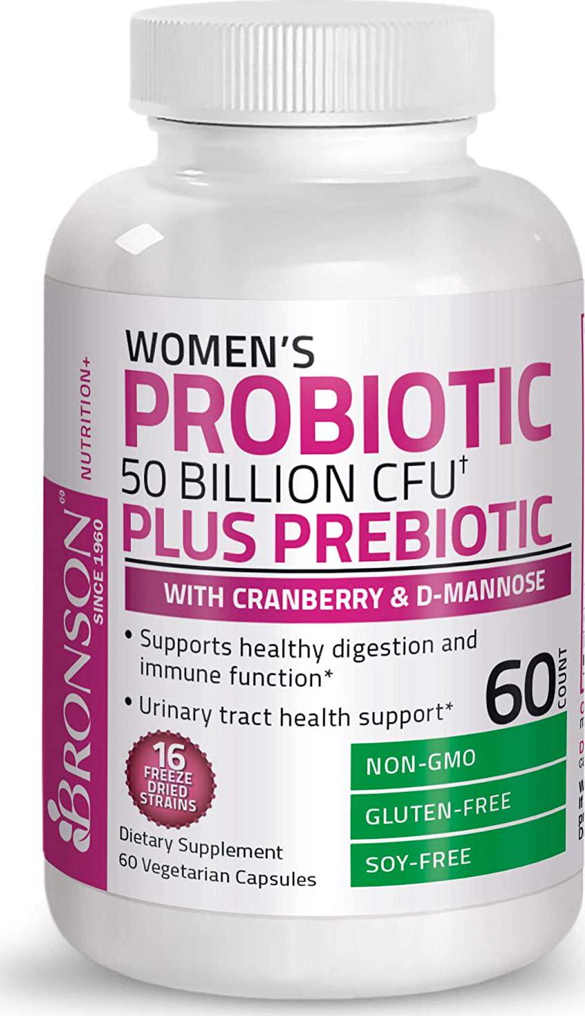 Bronson Women's Probiotic 50 Billion CFU + Prebiotic with Cranberry and D-Mannose – Vaginal Health, Healthy Digestion, Immune Function and Urinary Tract Support, Non-GMO, 60 Vegetarian Capsules