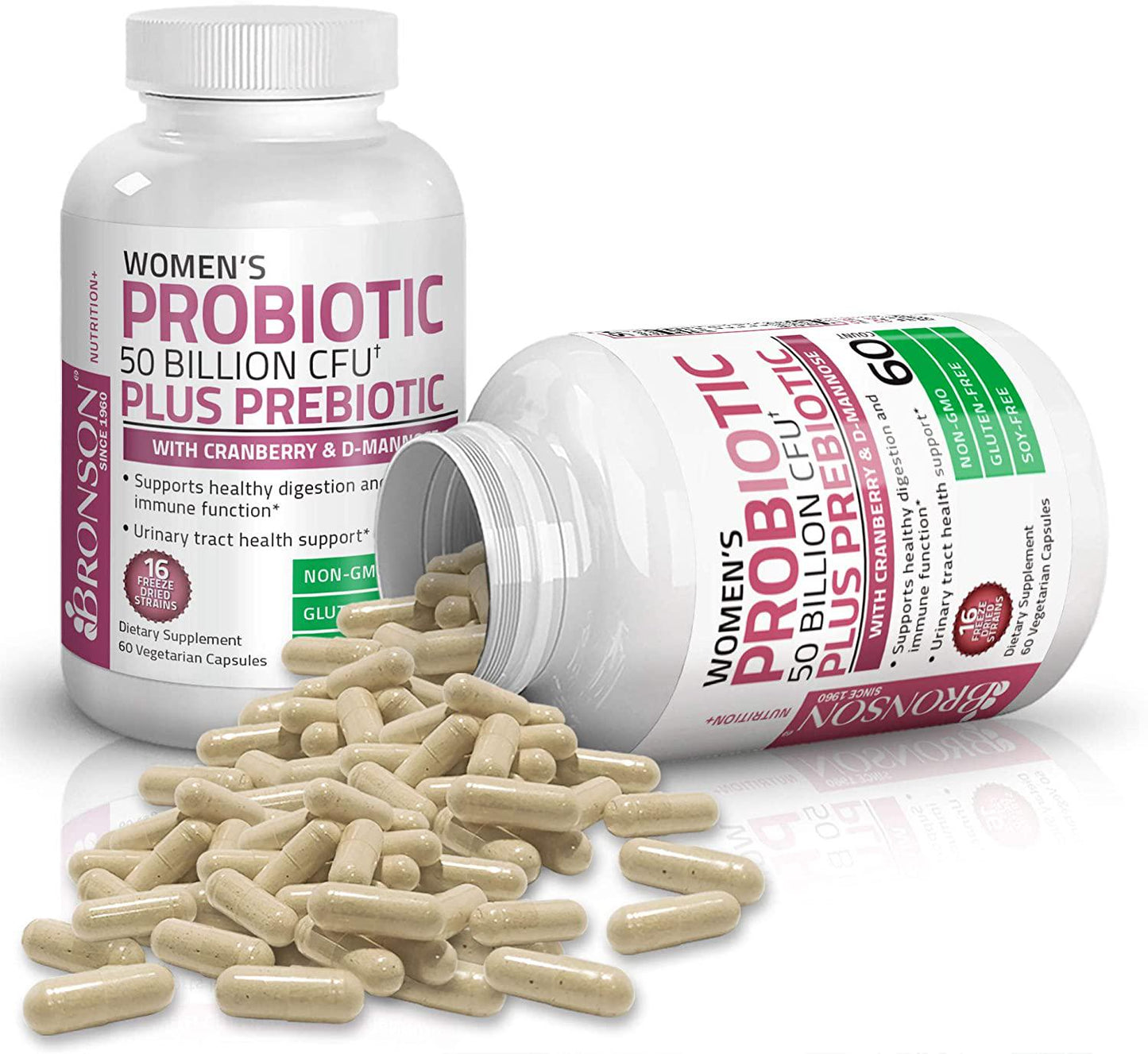 Bronson Women's Probiotic 50 Billion CFU + Prebiotic with Cranberry and D-Mannose – Vaginal Health, Healthy Digestion, Immune Function and Urinary Tract Support, Non-GMO, 60 Vegetarian Capsules