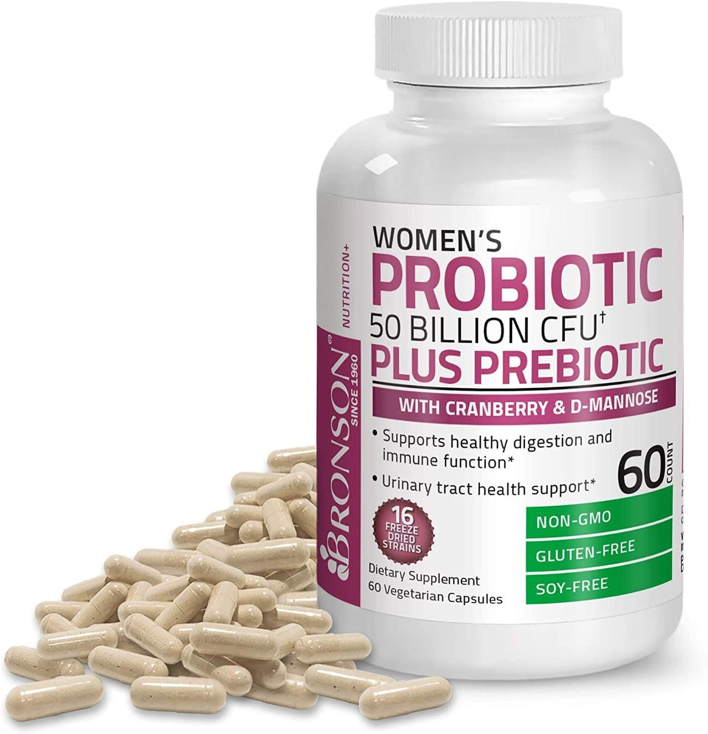 Bronson Women's Probiotic 50 Billion CFU + Prebiotic with Cranberry and D-Mannose – Vaginal Health, Healthy Digestion, Immune Function and Urinary Tract Support, Non-GMO, 60 Vegetarian Capsules