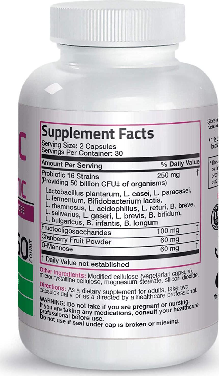 Bronson Women's Probiotic 50 Billion CFU + Prebiotic with Cranberry and D-Mannose – Vaginal Health, Healthy Digestion, Immune Function and Urinary Tract Support, Non-GMO, 60 Vegetarian Capsules