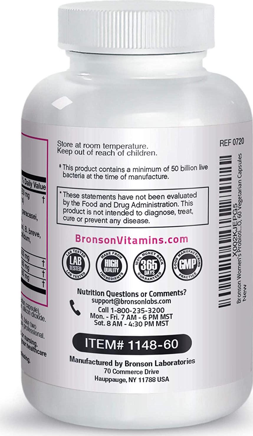 Bronson Women's Probiotic 50 Billion CFU + Prebiotic with Cranberry and D-Mannose – Vaginal Health, Healthy Digestion, Immune Function and Urinary Tract Support, Non-GMO, 60 Vegetarian Capsules