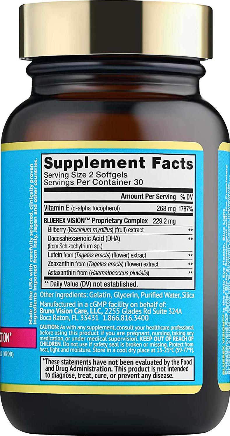 Bruno MD BlueRex Vision, Eye Health Supplement for Adults, Vitamin E and Bilberry Extracts, Antioxidant Supplement, Helps with Computer Vision Syndrome, Dry Eyes and Eye Health